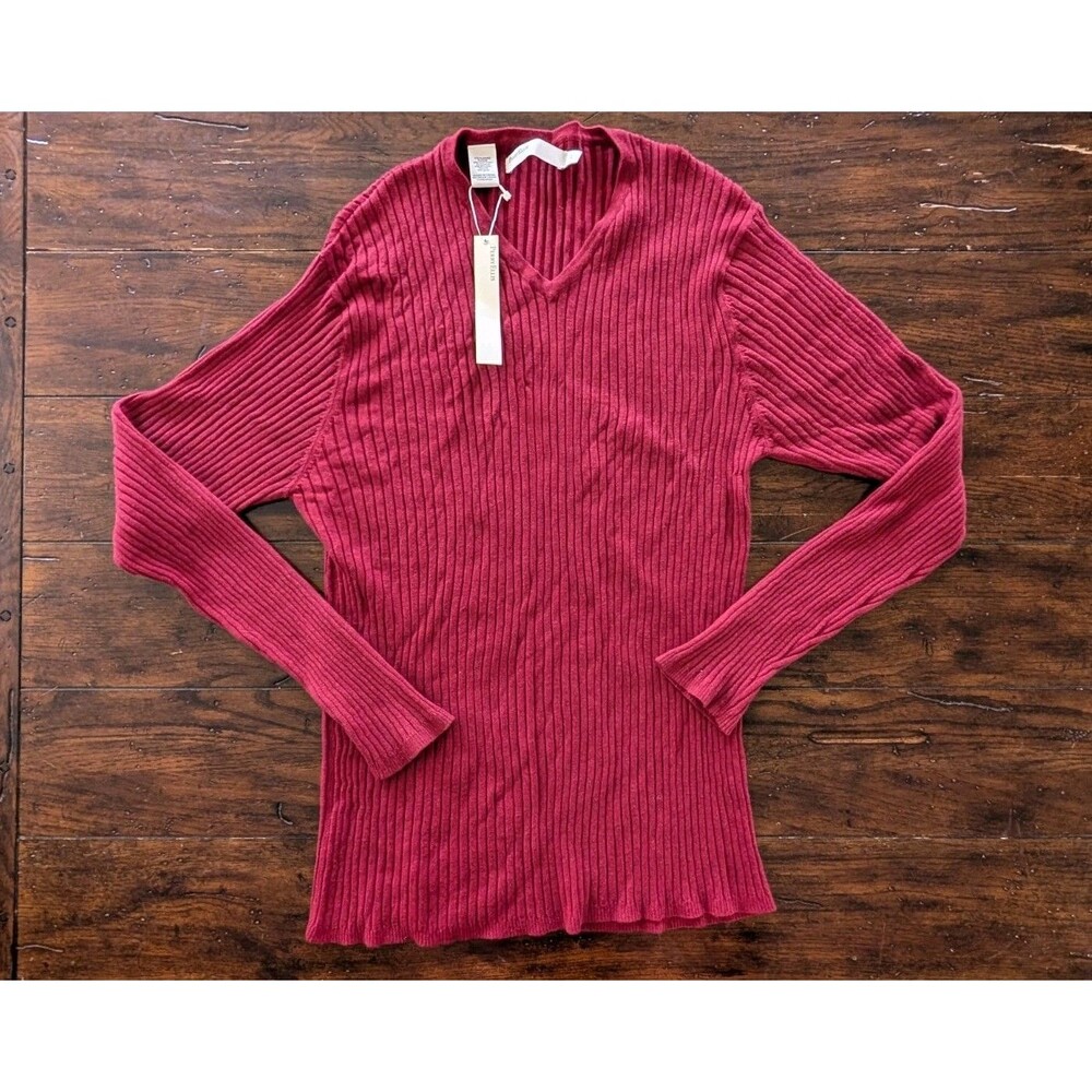 Perry Ellis Sweater Women's Large V-Neck Ribbed Knit Red Burgundy Rayon Cotton